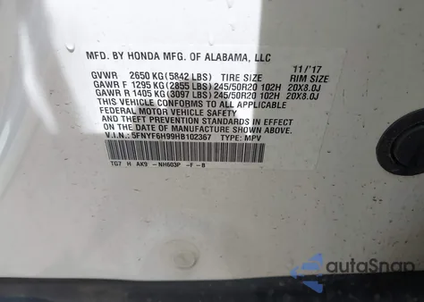 2017 Honda Pilot Touring z USA, uszkodzony, nr VIN 5FNYF6H99HB102367